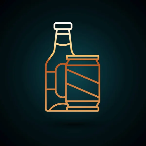 Zlatá linie Pivní láhev a pivo může ikona izolované na tmavomodrém pozadí. Vektor — Stockový vektor
