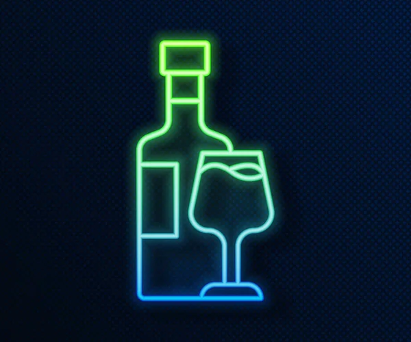 Glowing neon line Wine bottle with glass icon isolated on blue background. Vector — Stock Vector