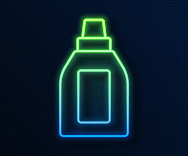 Linha de néon brilhante Garrafa de plástico para detergente de lavanderia, lixívia, líquido de lavagem de louça ou outro ícone de agente de limpeza isolado no fundo azul. Vetor — Vetor de Stock