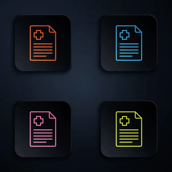 Farbige neonfarbene Zwischenablage mit klinischen Aufzeichnungen auf schwarzem Hintergrund. Verschreibung, ärztliche Kontrollzeichen melden. Setzen Sie Symbole in quadratischen Tasten. Vektor — Stockvektor