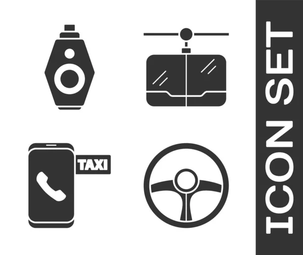 Set Volant, Clé de voiture avec télécommande, service téléphonique d'appel de taxi et icône du téléphérique. Vecteur — Image vectorielle