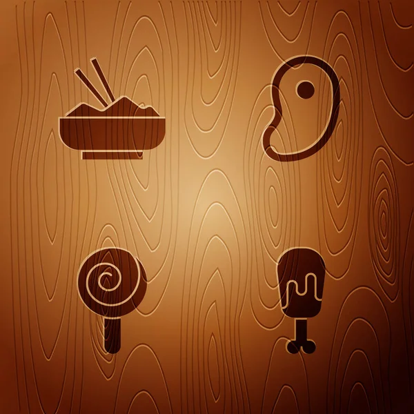 Impostare Coscia di pollo, Riso in una ciotola con bacchetta, lecca-lecca e carne di bistecca su sfondo di legno. Vettore — Vettoriale Stock