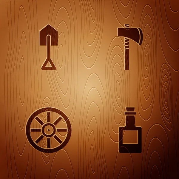 将龙舌兰瓶、雪佛酒、旧木轮和战斧放在木制背景上.B.病媒 — 图库矢量图片