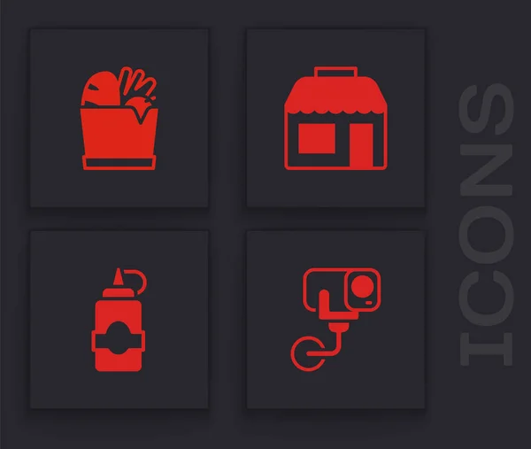 Set caméra de sécurité, sac à provisions et nourriture, magasin de marché et icône de bouteille de sauce. Vecteur — Image vectorielle