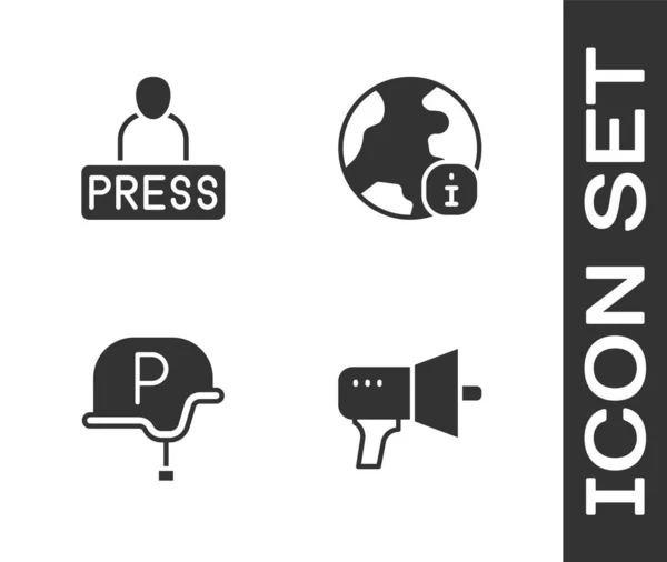Set Megaphone, Journaliste nouvelles, Journaliste de guerre et icône mondiale. Vecteur — Image vectorielle