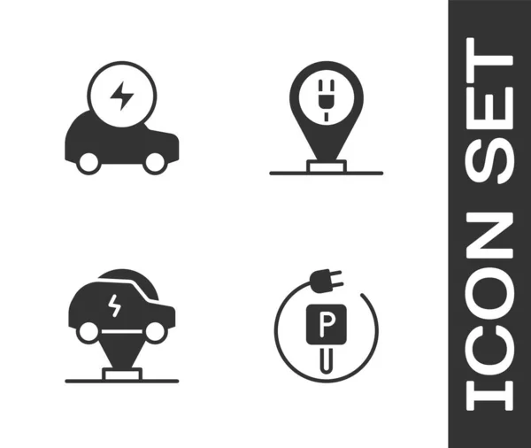 Conjunto de estacionamiento de carga coche eléctrico, eléctrico, y el icono. Vector — Vector de stock