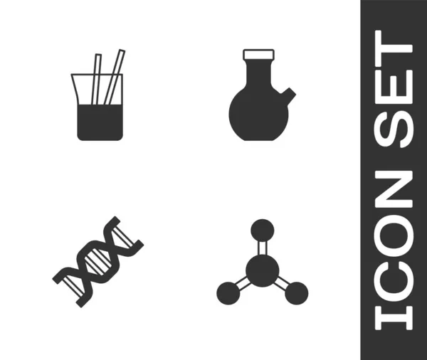 Conjunto de moléculas, cristalería de laboratorio, símbolo de ADN e icono de tubo de ensayo. Vector — Vector de stock