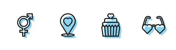 Set line Свадебный торт с сердцем, Gender, Location и Сердце в форме любовных очков значок. Вектор — стоковый вектор