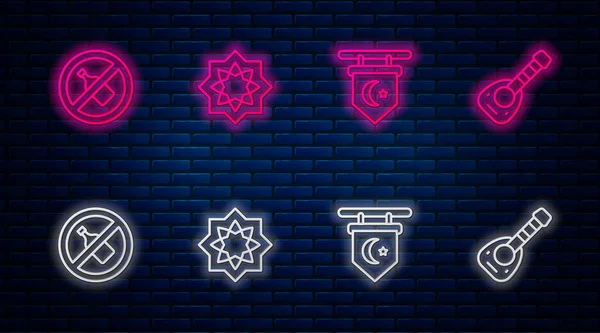 Set line Octagonal star, Star and crescent, No alcohol and Lute. Glowing neon icon on brick wall. Vector — Stock Vector