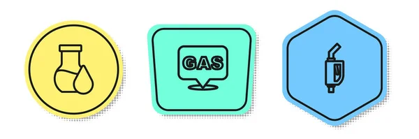 Establecer línea Tubo de prueba de gasolina de aceite, ubicación y gasolinera y boquilla de bomba de gasolina. Formas de colores. Vector — Archivo Imágenes Vectoriales