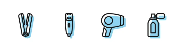 Set line Hair dryer, Curling iron for hair, clipper and Aftershave with atomizer icon. Vector — Stock Vector