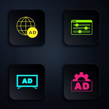 Reklamcılığı ve Tarayıcı ayarlarını ayarla. Siyah kare düğme. Vektör