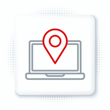 Beyaz arkaplanda konum imleci simgesine sahip dizüstü bilgisayar. Renkli taslak konsepti. Vektör.