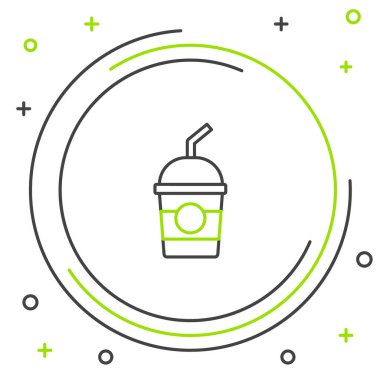 Beyaz arkaplanda çizgi milkshake simgesi izole edildi. Kapaklı ve samanlı plastik bardak. Renkli taslak konsepti. Vektör