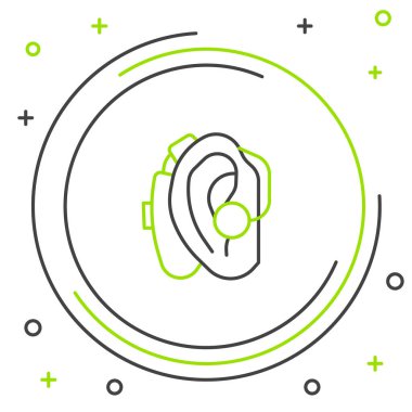 Beyaz arkaplanda çizgi işitme cihazı simgesi izole edildi. Kulak ve işitme. Renkli taslak konsepti. Vektör