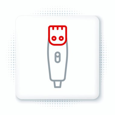 Beyaz arka planda izole edilmiş çizgi elektrikli saç kırpıcı ya da tıraş ikonu. Berber dükkanı sembolü. Renkli taslak konsepti. Vektör