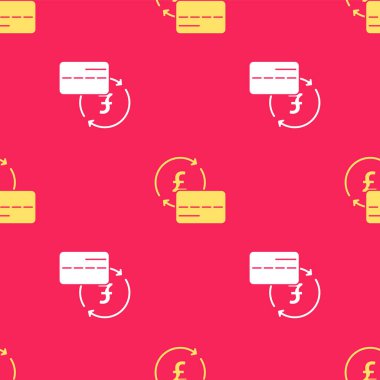 Sarı kredi kartı simgesi kırmızı arkaplanda kusursuz desen izole etti. Çevrimiçi ödeme. Nakit çekilmesi. Finansal operasyonlar. Alışveriş tabelası. Vektör.