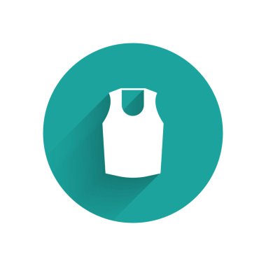 Beyaz atlet simgesi uzun gölge arkaplan izole. Yeşil daire düğmesi. Vektör