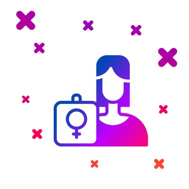 Renkli kadın hareketi, beyaz arka planda izole edilmiş pankart ve pankart ikonlu feminist aktivist. Feminist hakları hareketi, feminizm kardeşliği. Kademeli rastgele dinamik şekiller. Vektör