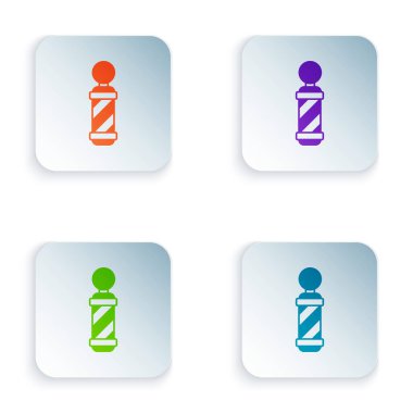 Beyaz arka planda izole edilmiş renkli klasik berber dükkânı ikonu. Berber dükkanı direği sembolü. Kare düğmelere renkli simgeleri yerleştir. Vektör