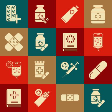 İlaç şişesi ve haplar, ya da tablet, serum, merhem, krem tüpü, çapraz bandaj sıvası, haplar ve tıp kitabı ikonu. Vektör