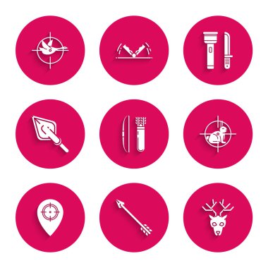 Ok ve yay, hippi, boynuzlu geyik kafası, tavşan avı, yer, uç, el feneri bıçağı ve ördek ikonu. Vektör