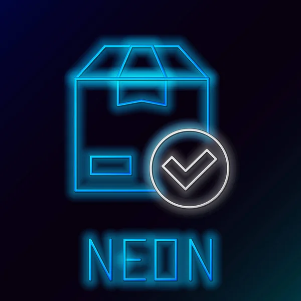 Gloeiende Neon Lijn Pakket Met Vinkje Pictogram Geïsoleerd Zwarte Achtergrond — Stockvector