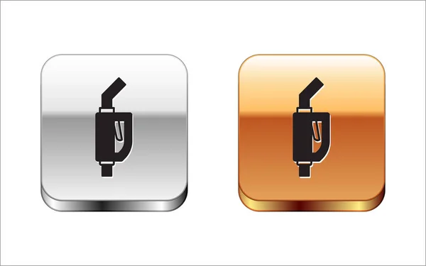 黑色汽油泵喷嘴图标隔离在白色背景上 燃料泵加油站 燃料服务标志 加油站的图标 银和金正方形按钮 — 图库矢量图片