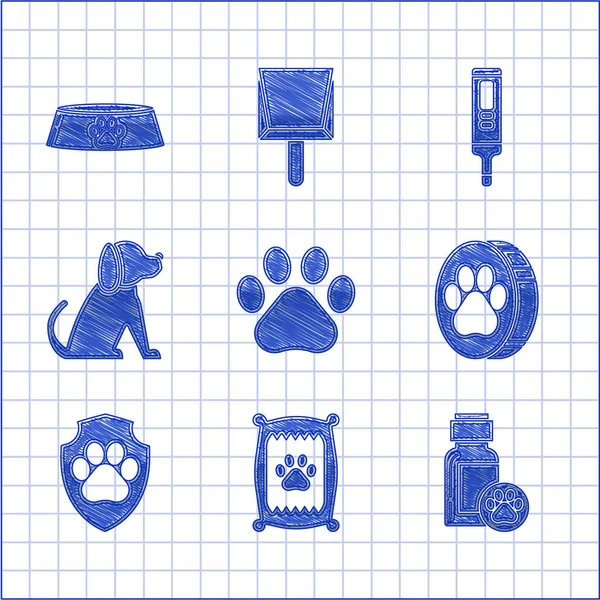 Set Paw Print Bag Food Dog Dog Medicine Bottle Animal — Stock Vector