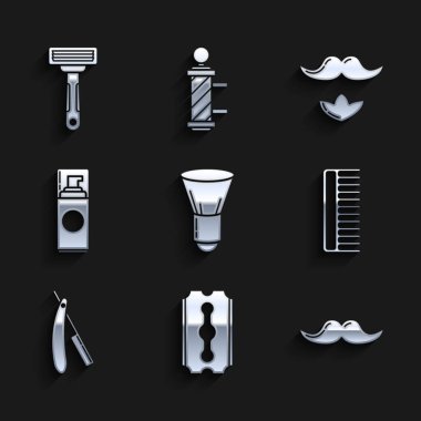 Tıraş bıçağını, tıraş bıçağını, bıyığını, saç fırçasını, jöle köpüğünü, sakalını ve ikonunu hazırla. Vektör.