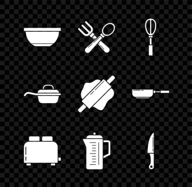 Çapraz Bowl çatalı ve kaşık çırpma makinesini Teapot Bıçağı kızartma tavası ve Rolling pin ikonu ile ayarla. Vektör.