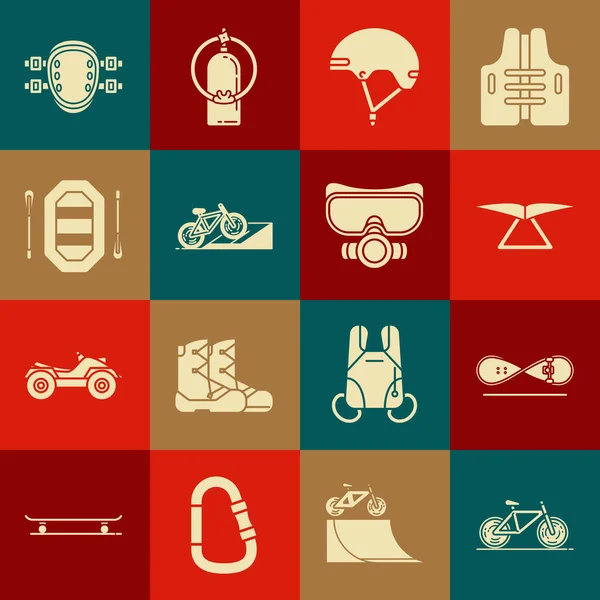 Set Bicycle, Skateboard trick, Hang glider, Helmet, on street ramp, Rafting boat, Knee pads and Diving mask icon. Vector