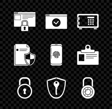 Web sitenizi HTTPS SSL Güvenli Kilit Kalkanı kombinasyon kilit tekerlek Doküman koruma konsepti ve Smartphone parmak izi tarayıcı simgesi ile güvene alın. Vektör.