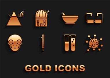 Meteoroloji termometresi, Bakteri, deney tüpü ve matara kimya laboratuvarı, dünya dışı uzaylı yüzü, havan topu, ışık ışını prizması ve astronomik gözlem ikonu. Vektör