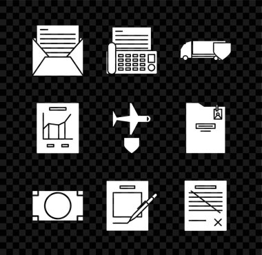 Posta ve e-posta, faks makinesi, kalkanlı kargo kamyonu, kağıt para yığını, boş defter kalemi, dosya dökümanı, doküman grafik şeması ve uçak simgesi. Vektör