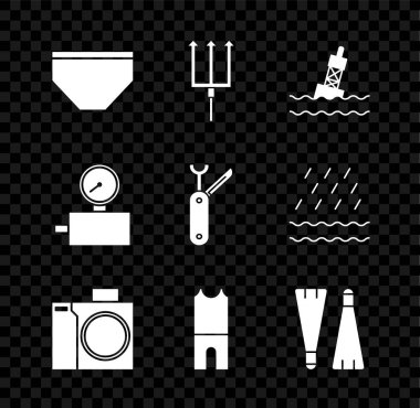 Yüzme şortları, Neptün Trident, denizde yüzen şamandıra dalgıçlar için fotoğraf makinesi, dalış kıyafeti dalış, yüzen lastik yüzgeçler, ölçü göstergesi ve İsviçre ordu bıçak ikonu. Vektör