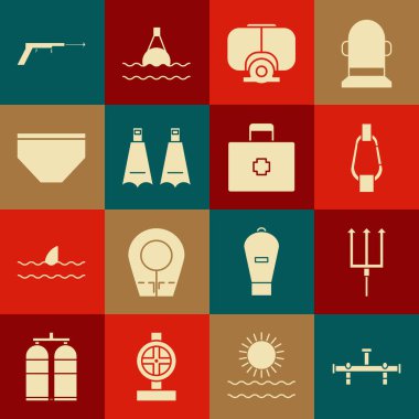 Manifold, Neptune Trident, Carabiner, Dalış maskesi, Yüzmek için lastik palet, Yüzme şortu, Balıkçılık zıpkını ve ilk yardım çantası ikonu. Vektör