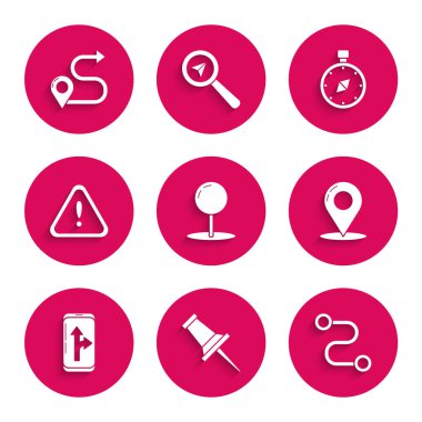 Push pimi, rota konumu, harita, şehir haritası navigasyonu, ünlem işareti üçgeni, pusula ve simge bilgisini ayarla. Vektör