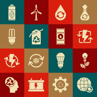 Gezegen dünyasını ve geri dönüşüm kutusunu, yapraklı ampulü, şarj olan temiz suyu, geri dönüşüm sembolünü, geri dönüşüm sembolünü, LED ışığını, plastik şişeyi ve yağ fıçısı simgesini ayarla. Vektör