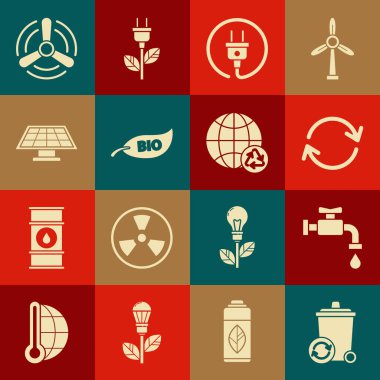 Geri dönüşüm kutusunu geri dönüşüm sembolü, su musluğu, yenilenme, elektrik prizi, Yaprak Biyolojisi, güneş enerjisi paneli, rüzgar türbini ve Dünya gezegeni ve geri dönüşüm ikonu ile ayarla. Vektör