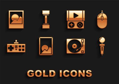 Resim peyzajı, Bilgisayar faresi, atari makinesi için Joystick, vinil diskli vinil oynatıcı, Gamepad, Taşınabilir oyun konsolu, Fotoğraf çerçeveleri ve Dumbbell simgesi ayarla. Vektör