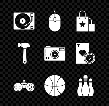Vinil çalar, vinil disk, bilgisayar faresi, kağıt alışveriş torbası, Gamepad, basketbol, bowling, çekiç ve fotoğraf makinesi ikonu ile ayarlayın. Vektör