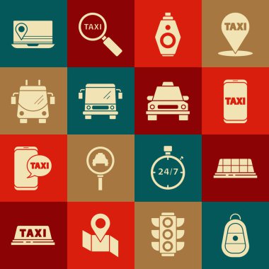 Uzaktan kumandalı araba anahtarı, taksinin çatısı, telefon servisi, otobüs, Trolleybus, dizüstü bilgisayar konum belirleyicisi ve simgesi. Vektör