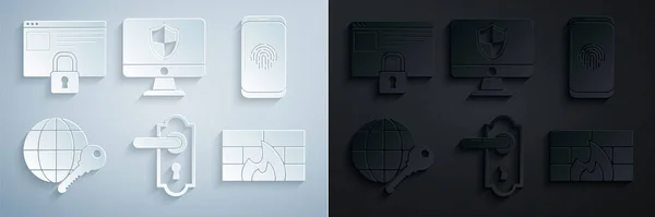 Set Door Handle Smartphone Fingerprint Scanner Globe Key Firewall Security — Stock Vector