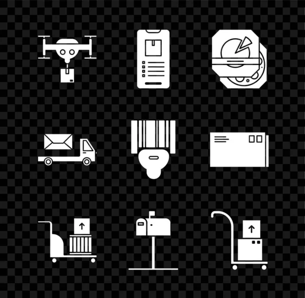 Set Drone Entrega Con Paquete Rastreo Entrega Aplicaciones Para Teléfonos — Archivo Imágenes Vectoriales