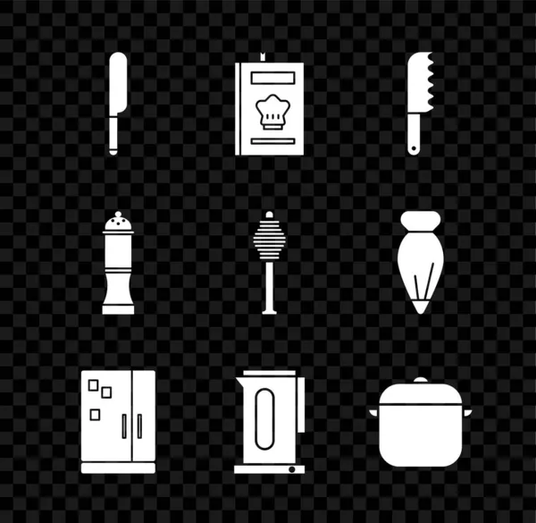 Set Messer Kochbuch Brotmesser Kühlschrank Wasserkocher Mit Griff Kochtopf Pfeffer — Stockvektor
