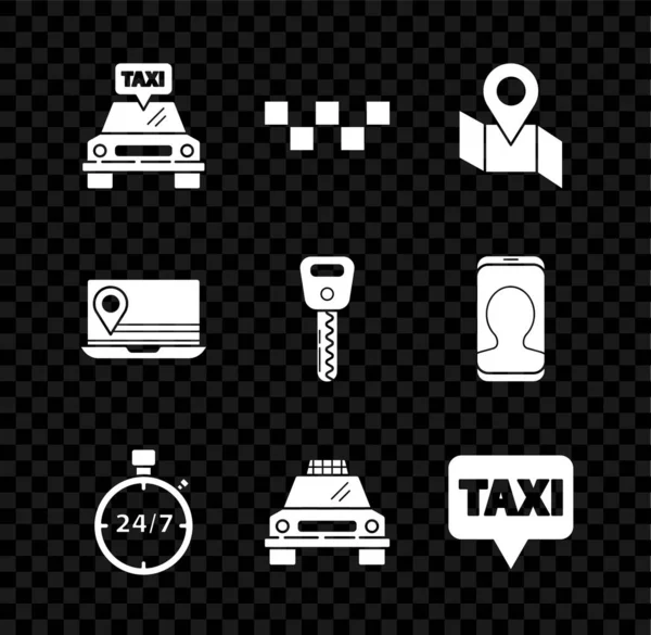 Set Taxi Carro Telhado Mapa Dobrado Com Marcador Localização Cronômetro — Vetor de Stock