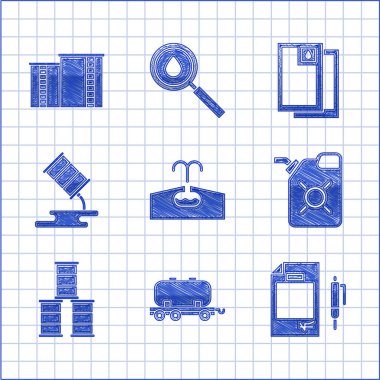 Petrol sahası, demiryolu deposu, kontrat parası ve kalem motor yağı, fıçı, sızıntı ve sanayi fabrikası ikonu. Vektör