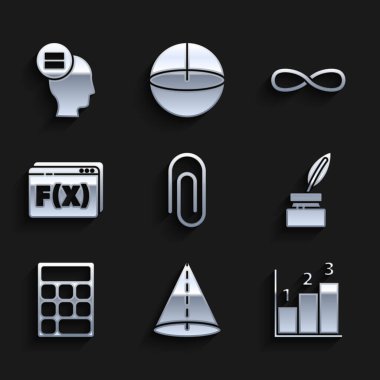 Kağıt Ataşını, Geometrik figür Konisini, Grafik, Çizelge, Çizelge, Çizelge, Diyagram, Tüy ve Mürekkep, Hesap Makinesi, Fonksiyon matematiksel sembolü, Sonsuzluk ve Hesaplama simgesini ayarla. Vektör
