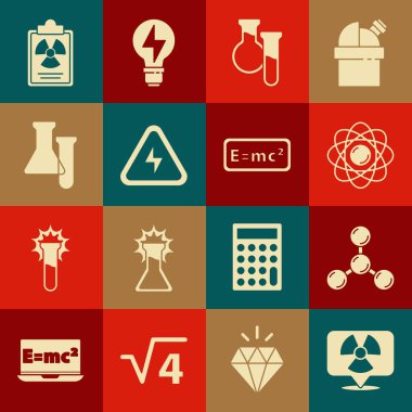 Konumda radyoaktif, molekül, atom, tüp ve matara, yüksek voltaj, radyasyon uyarı belgesi ve denklem çözeltisi simgesini ayarlayın. Vektör